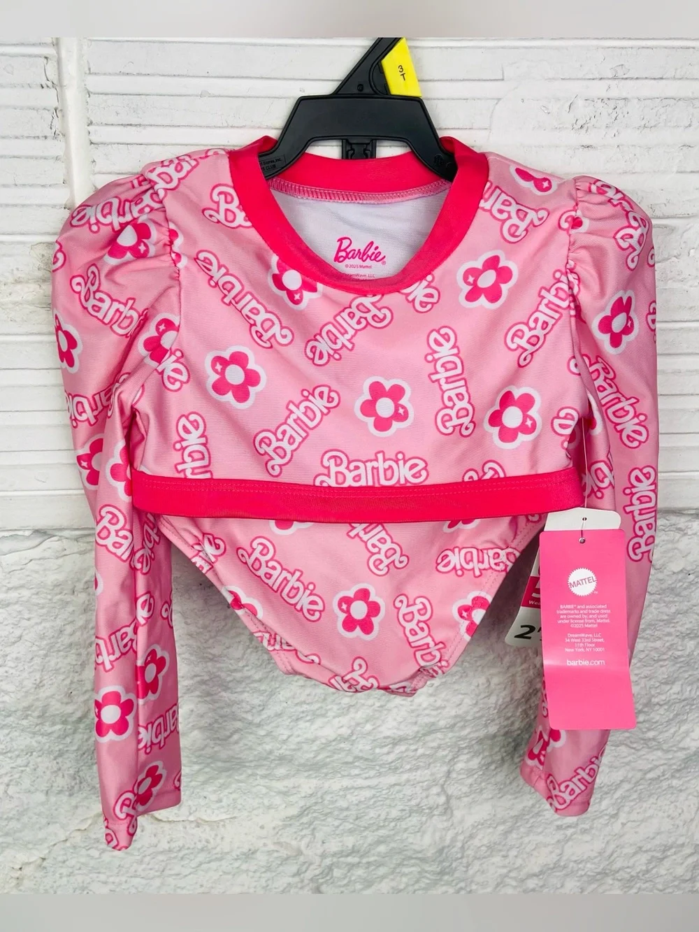 NWT Barbie Pink Floral Logo Long-Sleeve upf 50+ bikini size 3T